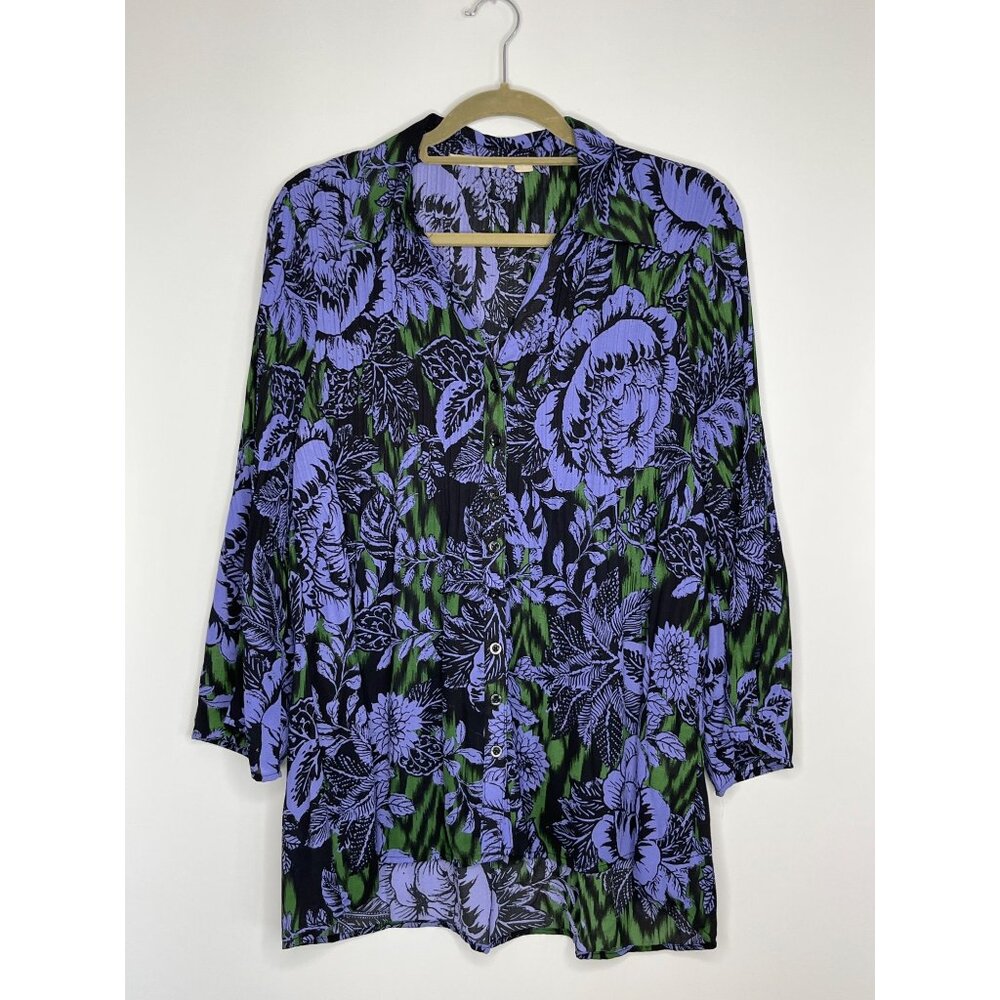Sunny Leigh Purple Green Black Button Front Collared‎ Floral Tunic Blouse Large